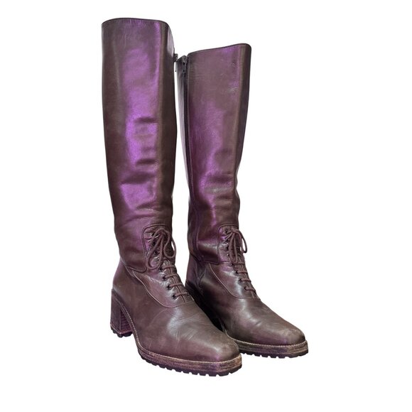 Armando Pollini Shoes - Armando Pollini Women's Brown Leather Zip&Tie Closure Block Heels Boots Size 39